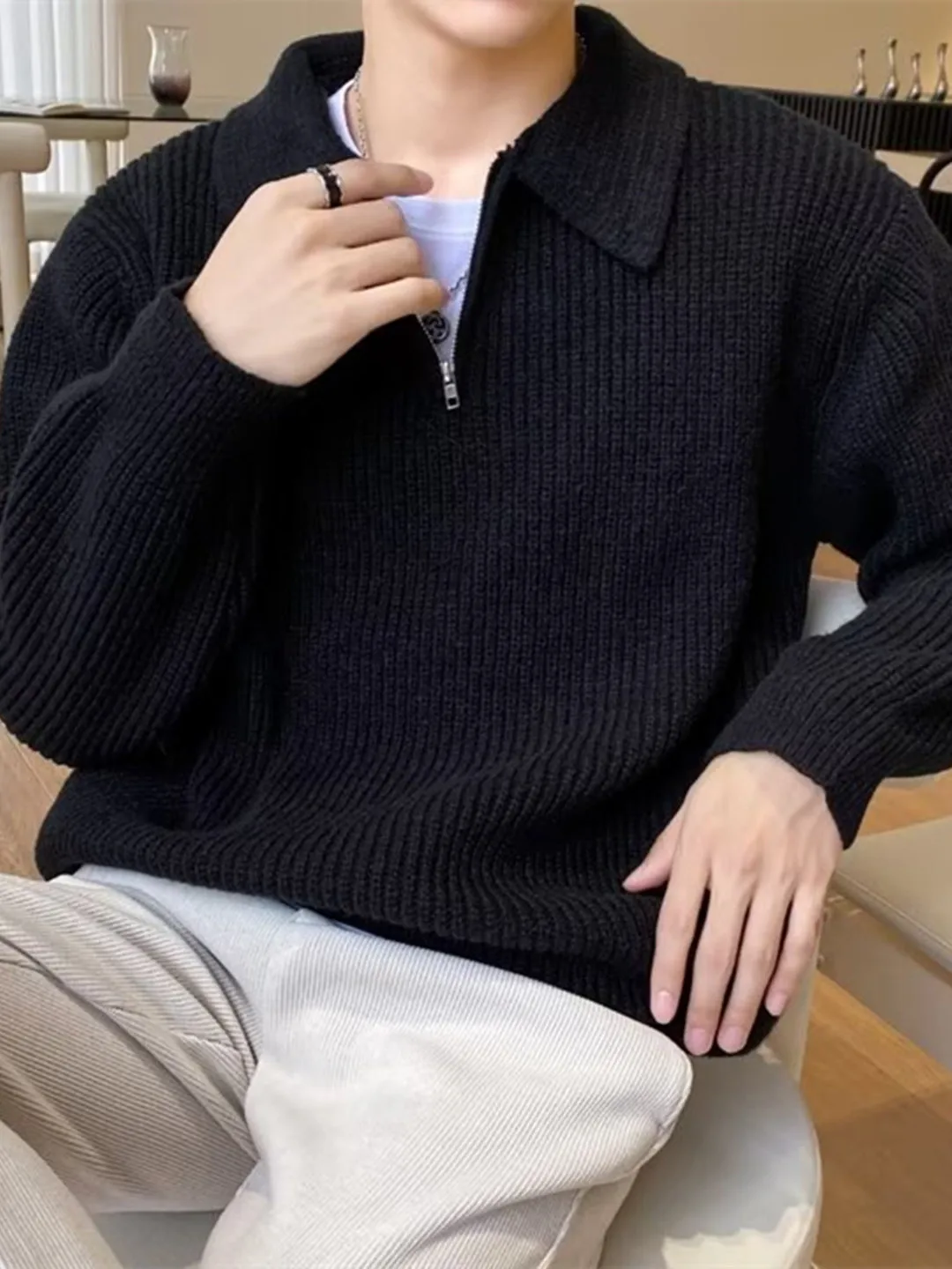 

Casual Men's Knitted Sweater f Zipper Loose Fit Leisure Sle Turn-down Collar Knitwear Autumn Winter Japanese Retro Feel