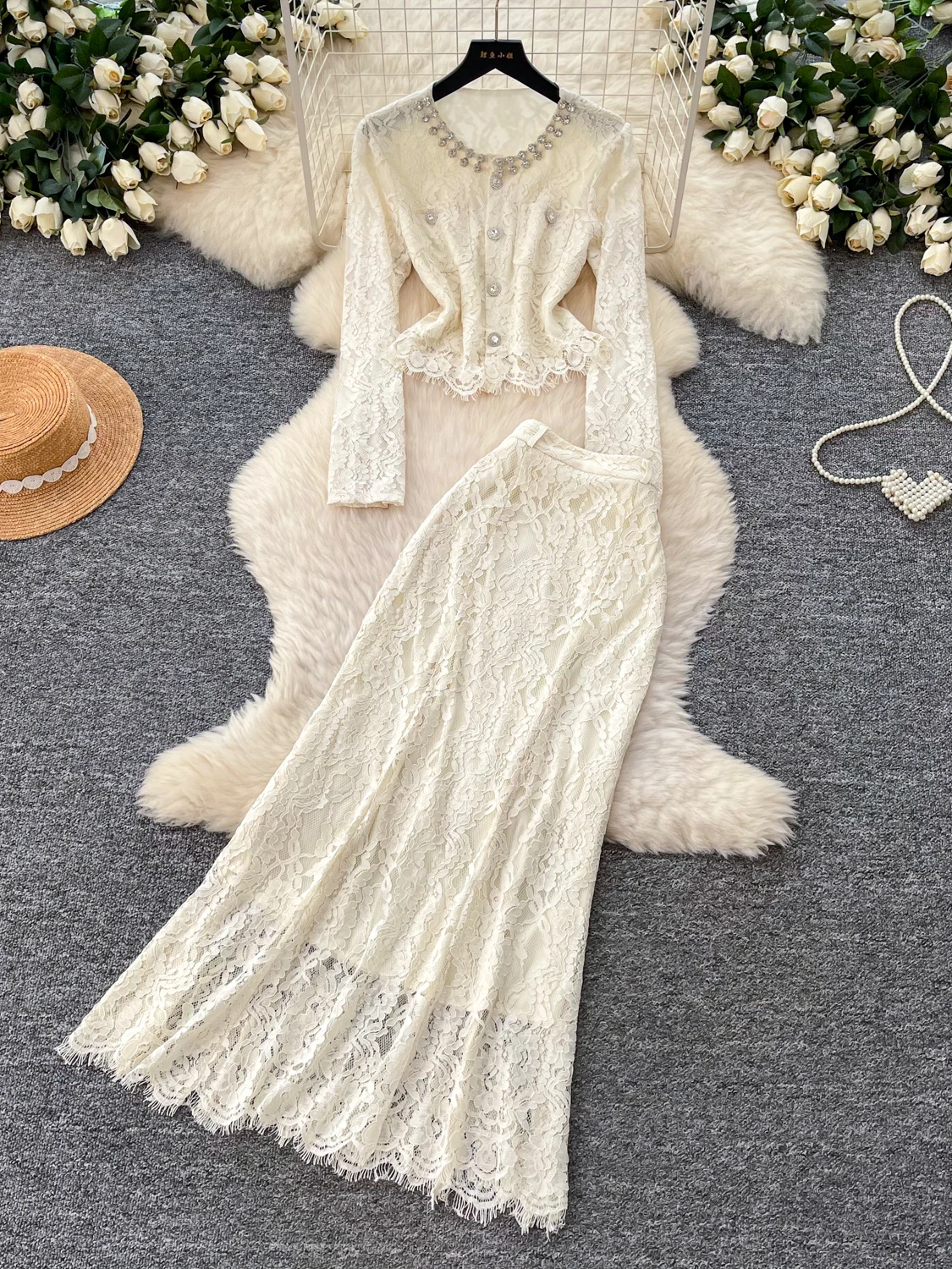 

Elegant Lace Hollow out Slim Fit Women's Set Heavy Embroidery Autumn High Waist Fashionable Two-Piece Suite Business Casual