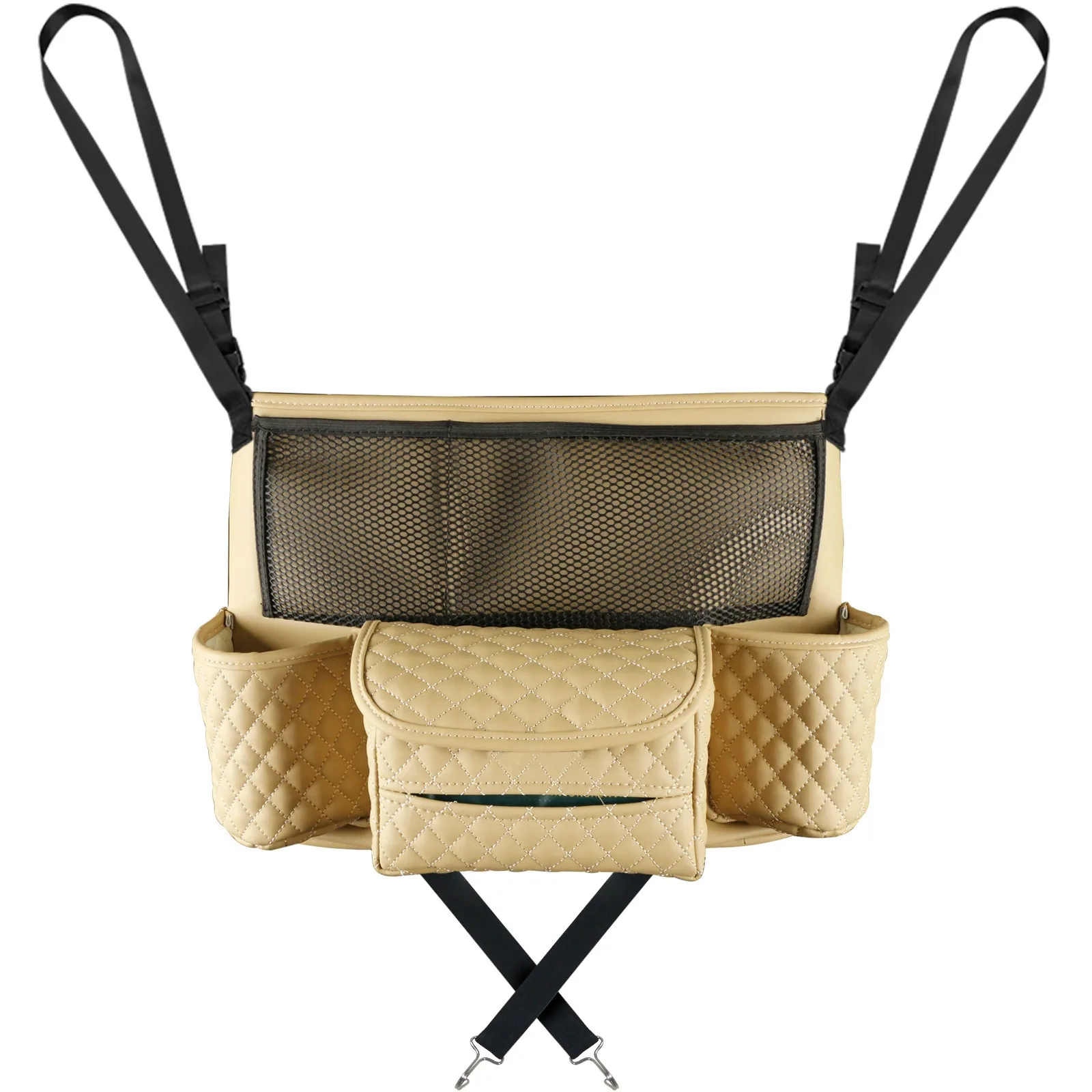 PU Leather Seat Back Organizer with Binding Strap Mount Dual Cup Holders Mesh Pockets and Integrated Storage Box