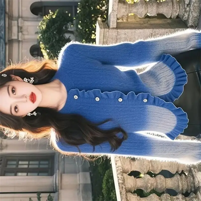 

New Autumn Winter Gradual Blue Lace Sweater Cardigan Women's Advanced Sense Super Good-looking Design Sense Knit Bottoming Coat