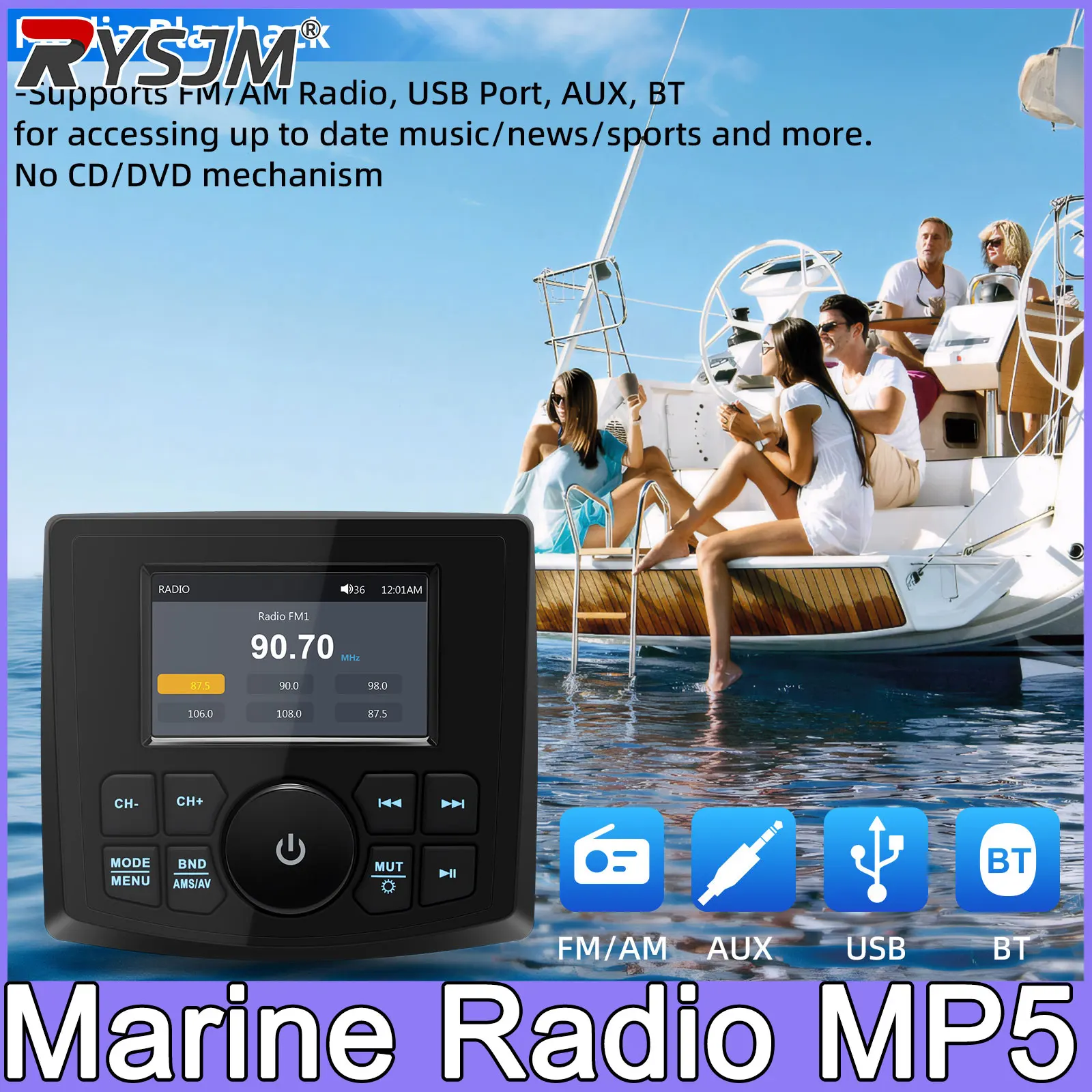 Boat Radio Stereo Marine Radio MP5 3inch Display Media Video Player Waterproof  AUX AM FM RDS for ATV UTV SPA RZR