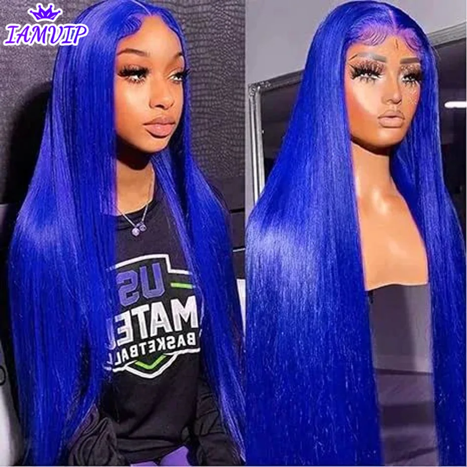 

250% 36 Inch Pure Blue Straight 13x6 Lace Frontal 13x4 Lace Front Body Wave Human Hair Wigs Pre-plucked Blue Colored