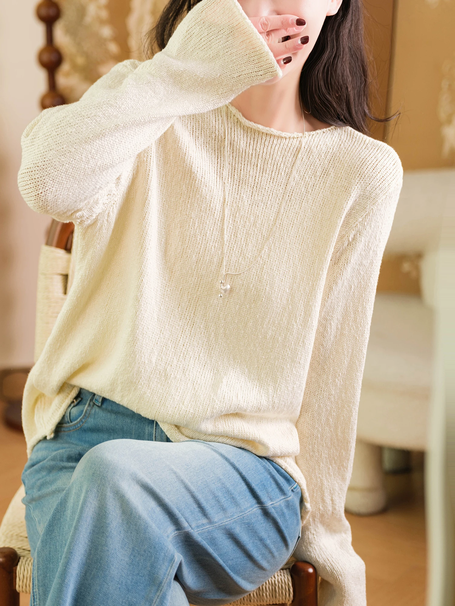 

Knitted Cotton Sweater Women's Casual Loose Fit Long Sve round Ne Soft Bamboo Texture Yarn Small Ear Production