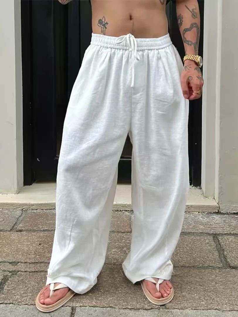 

American Style Cotton Linen Workwear Men's Loose Straight Leg Floor-Length Pants Breathable Casual Suit Pants
