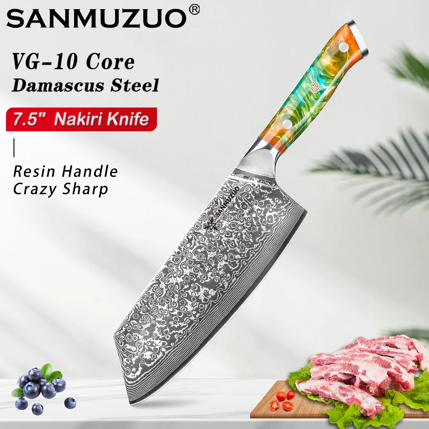 

SANMUZUO Nakiri Knife - 7.5 inch Cleaver Knife- Xuan Series - High Quality Damascus Steel Kitchen Knife - Resin Handle（ORANGE）