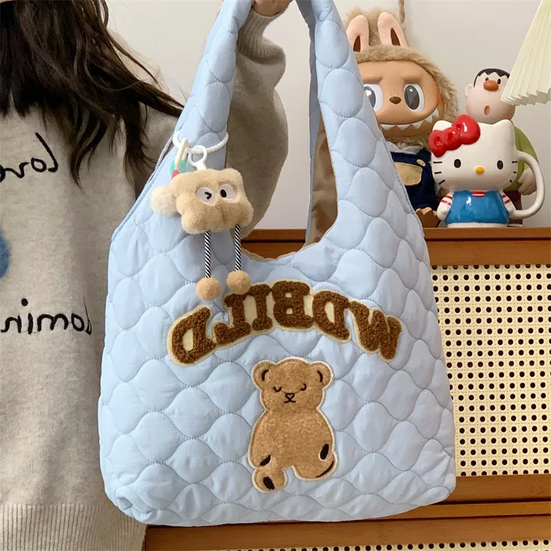 

Сумка-тоут с милым мультяшным медведем для женщин, модная стеганая дизайнерская роскошная сумка с надписью, стильные студенческие сумки на плечо для женщин