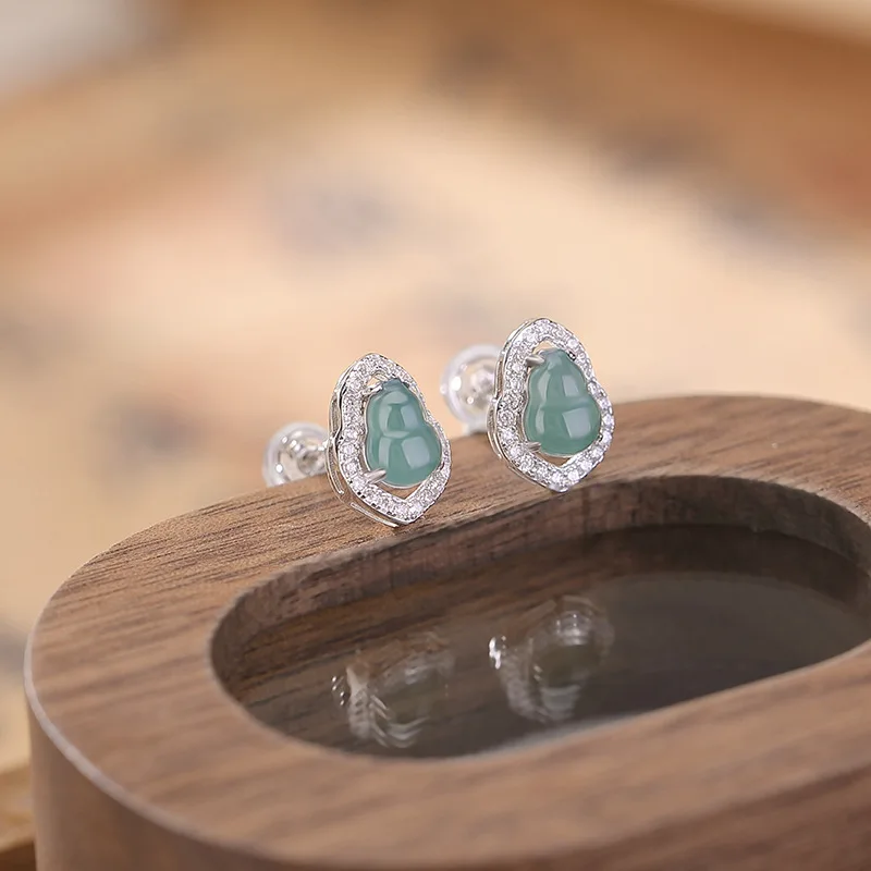 

S925 Sterling Blue Jade Gourd Inlaid Zircon Shiny Silver Earrings