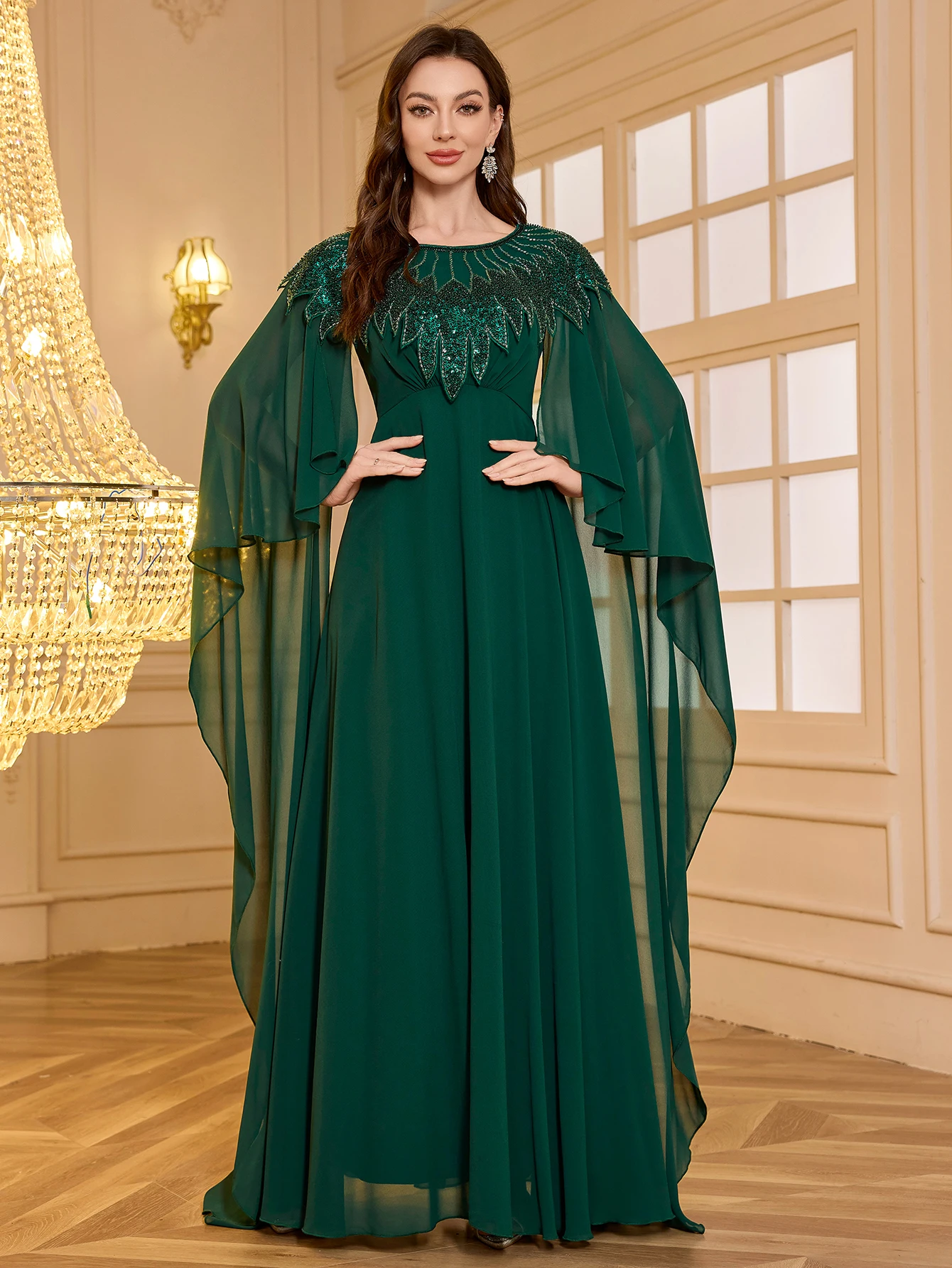 UNITHORSE فستان سهرة شيفون بأكمام طويلة مطرز بالخرز مقاس صغير للنساء، فستان أنيق للحفلات #3