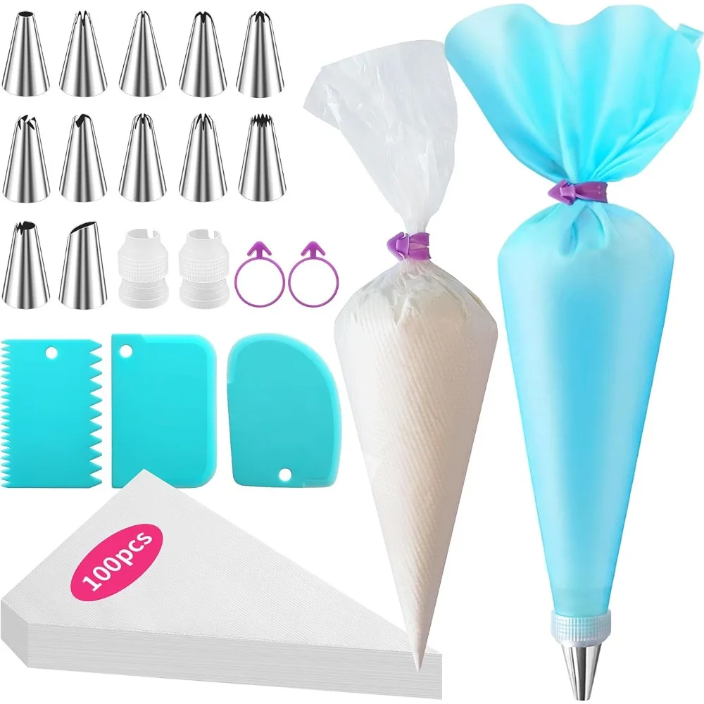 

Piping Bags and Tips Set -Ultimate Cake Decorating Supplies Kit - Included 100 Disposable Pastry Bags, 1 Reusable Silicon