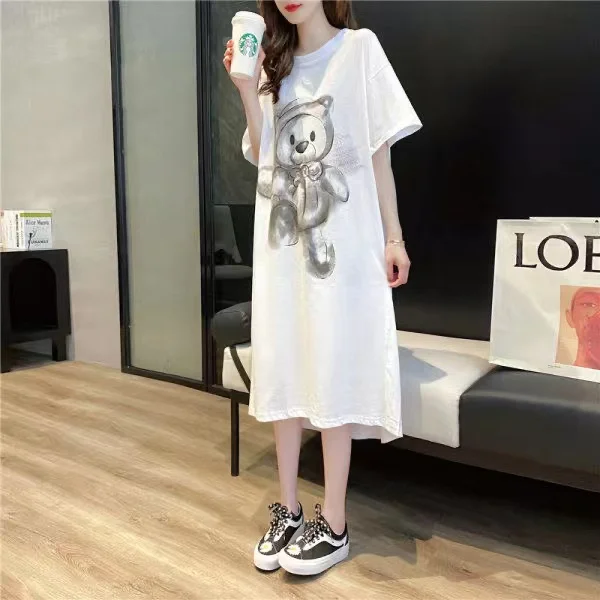 Ins Korean Casual Long T-Shirt Skirt Pajamas Girl\'s Summer Backless Loose Oversized Short-sleeved Nightdress Women\'s Dresses