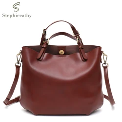 SC Women Vintage Elegant Real Leather Top-handle Bag Solid Color Simple Design Tote Shoulder Cross Body Handbag Zip Liner Purse