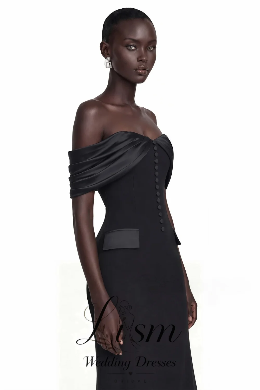 Lism Fashion Black Off Shoulder Evening Dress Crepe Satin Patchwork Buttons Lace Up Mermaid Back Slit Long Prom Gowns Customized