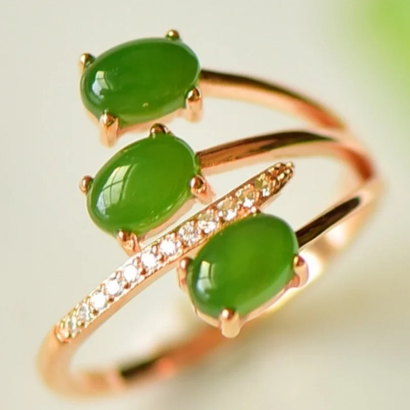 SGARIT Hetian Green Jade S925 Silver Three-Layer Ring 15*10mm Three Lives Three Worlds Series Unique Design Style Fine Texture