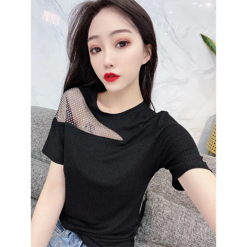 Hot drilling Summer Short T-shirt 2025 New Women Sexy Lace Dew Shoulder Short Sleeves T Shirt Female Fashion O-Neck Tee Top