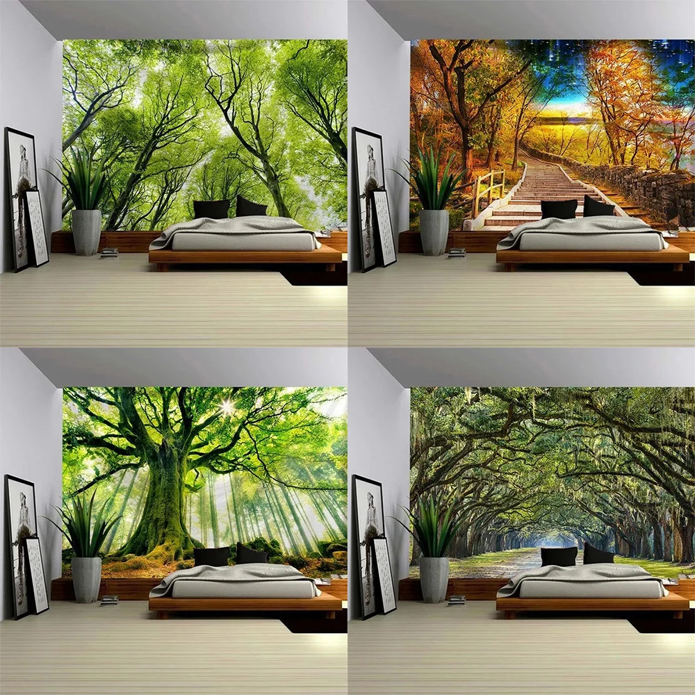 Primitive forest tapestry misty landscape green tree background cloth home decoration bedroom living room wall hanging cloth