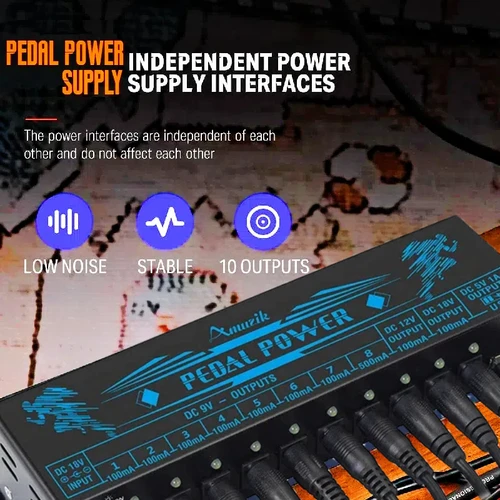 Amuzik-fuente de alimentación de Pedal efector de guitarra, 10 salidas CC aisladas, 9V, 12V, 18V, Pedalera de efecto fuente, puerto USB para teléfono móvil