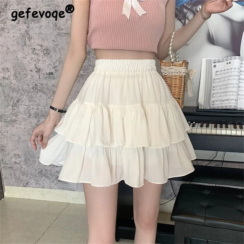 2024 Summer Women Trendy Double Layer Ruffle Sexy Mini Skirts Female Y2K Solid High Waist Cute Sweet Fairy Pleated A-line Skirt