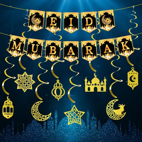 EID 무바라크 스타 문 소용돌이 매달려 깃발 갈 랜드 라마단 카림 배너 2025 이슬람 무슬림 파티 장식 Eid Al Adha Gifes Best5