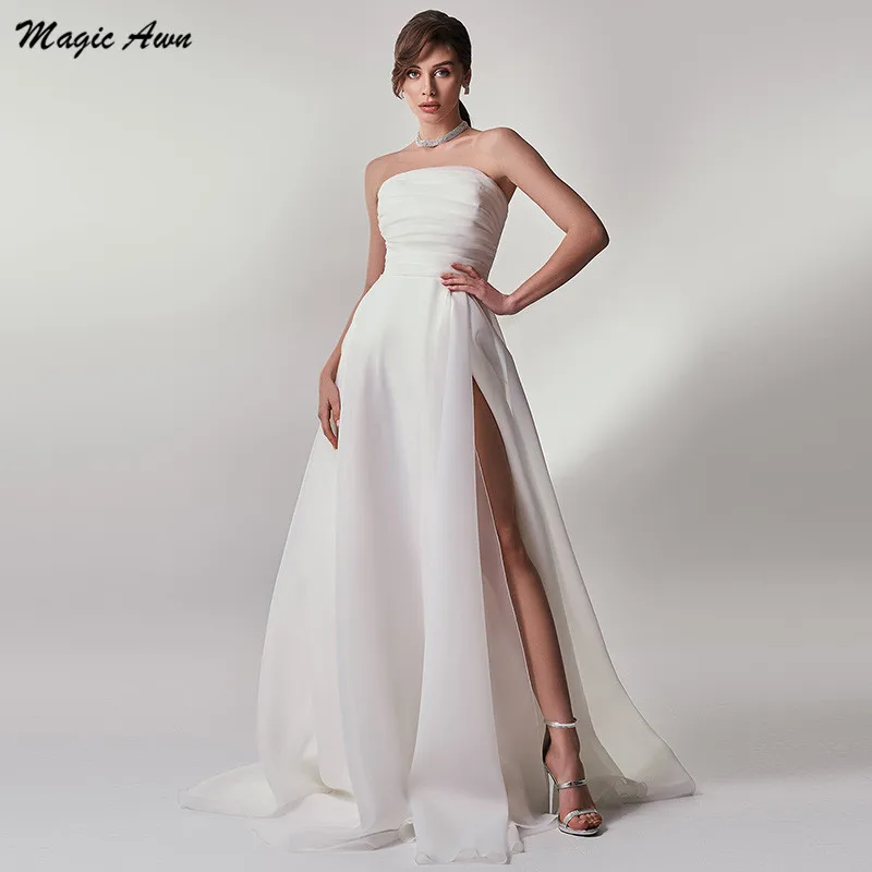 

Magic Awn 2022 Elegant Wedding Dresses For Women Side Split Strapless A-Line Brial Gowns Lace-Up Back Simple Vestidos De Novia