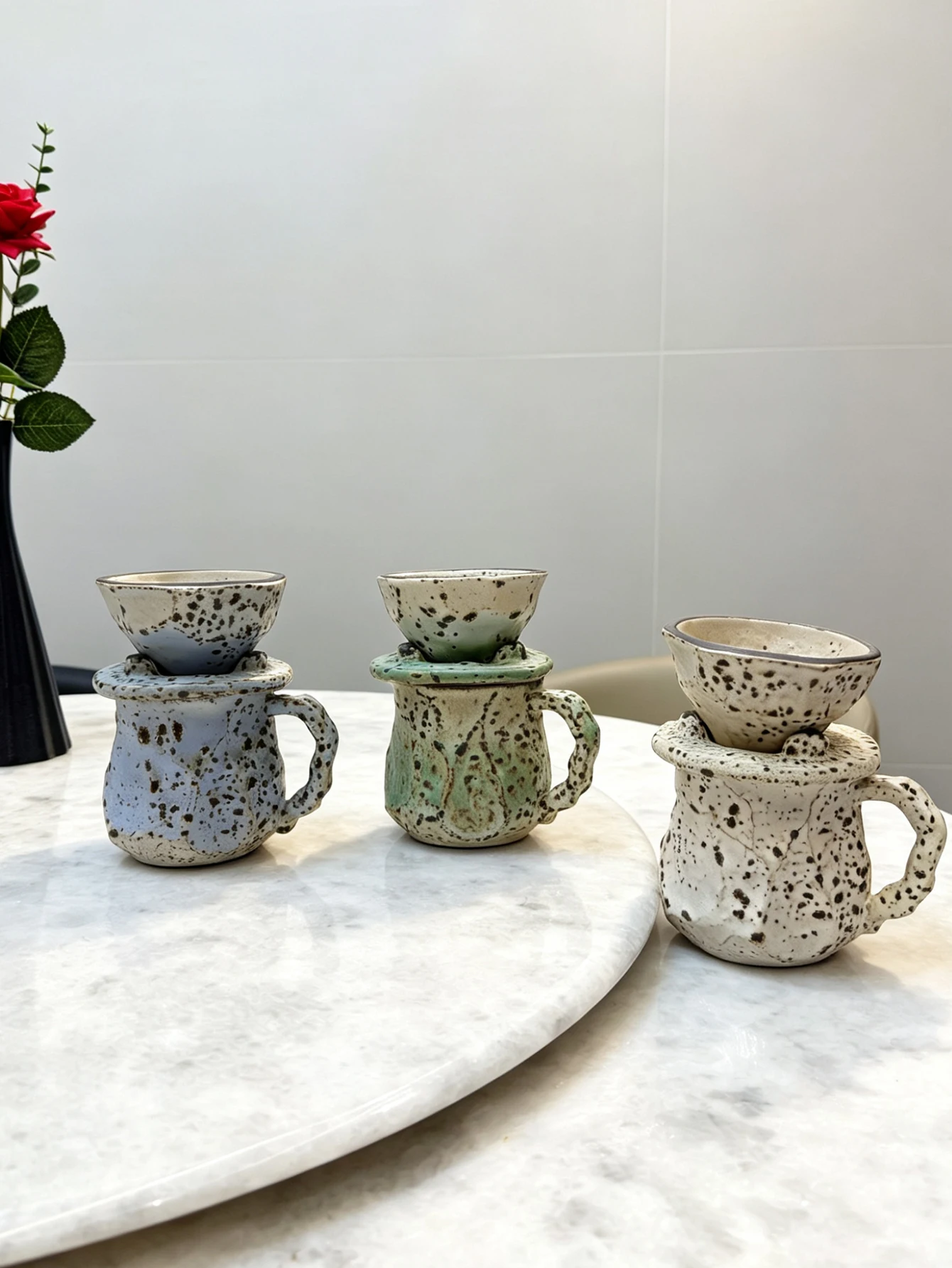 Handmade Ceramic Pour Over Coffee Set 3Pcs Blue Speckled Stoneware V60 Dripper & Server Mug Home Office Barista Brewing Kit Coff