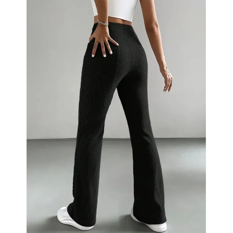 2025 Simple New Rib Knitted Trousers Women's Autumn Solid Color Casual Flared Pants Fashionable All-Match Slim Fit Long Pants