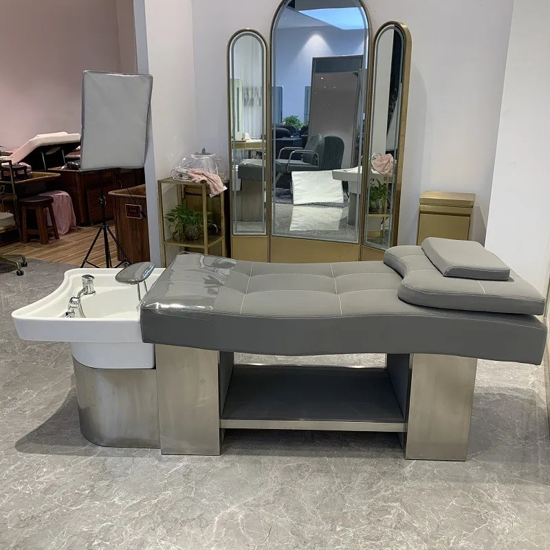 Modern Hair Salon Equipment Lay Down Shampoo Chair Grey Shampoo Bed with Water Circulation and Steamer