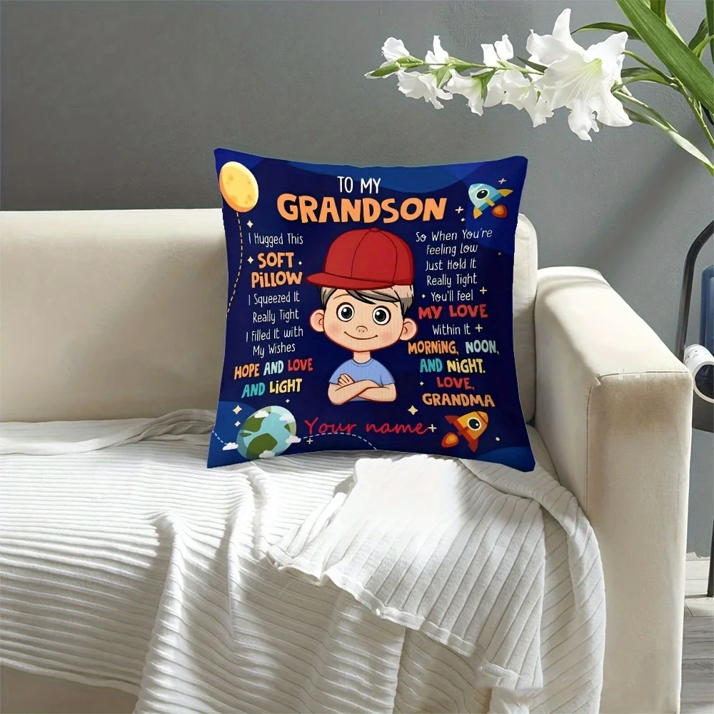 1PC Short Plush 'To My Grandson' Love Pillow Cover, 100% Polyester, Zipper, Washable, Double Sided Print, No Filler, Home Sofa