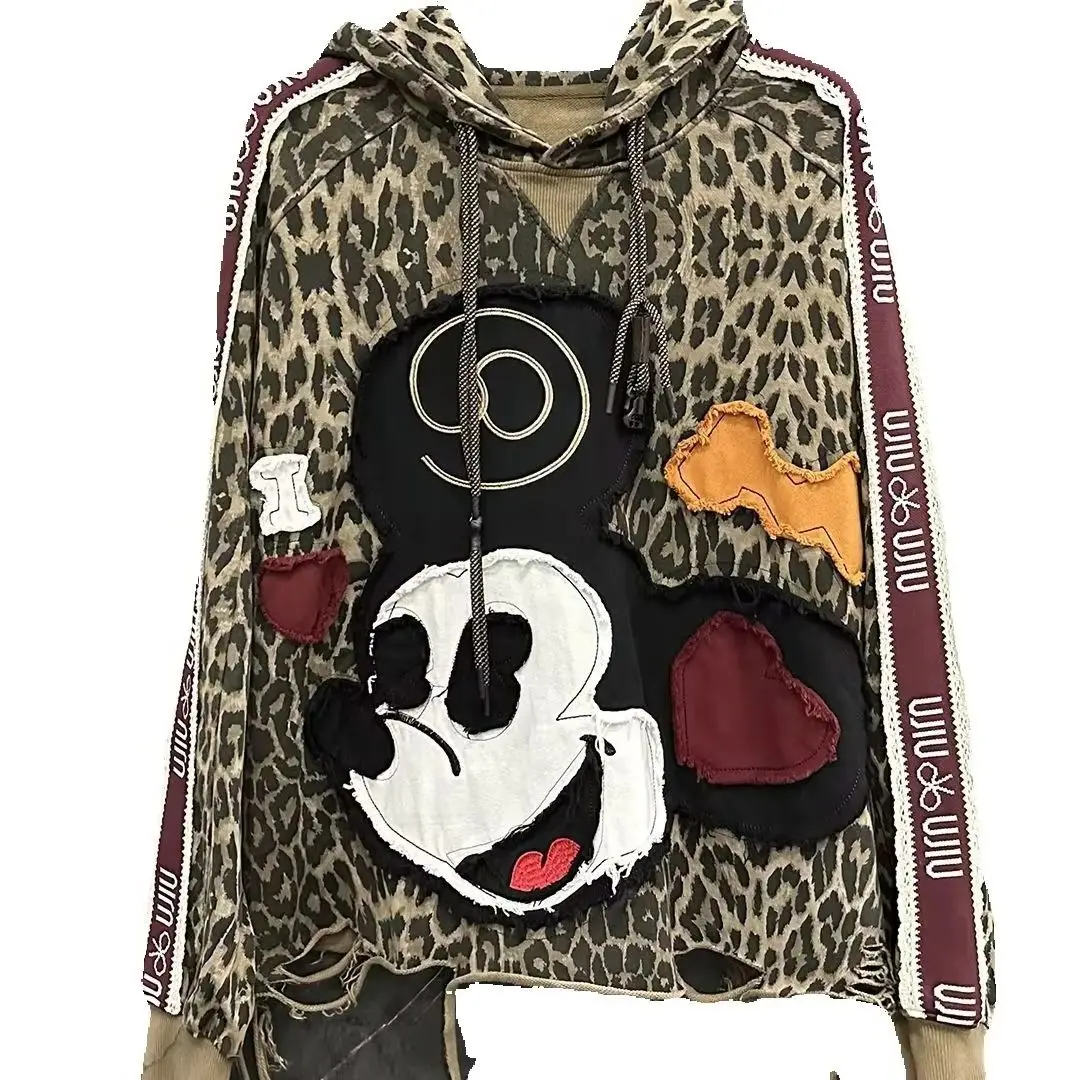 

American Street Leopard Long Sleeve Hooded Pullover Top Hole Cartoon Embroidery Loose Sweatshirt All-match Autumn Women Hoodies
