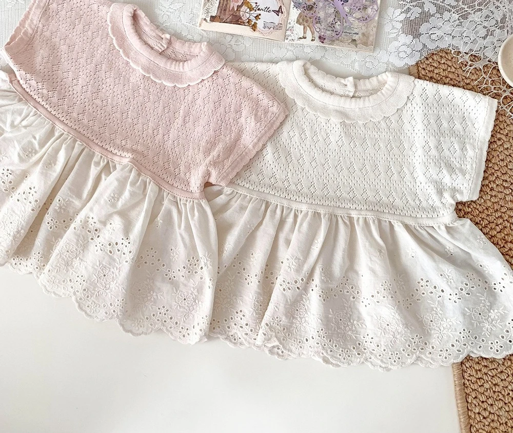 Childrens Clothing Baby Girl Short Sleeved Pullover Hollow Top Thin and Cute Round Neck Embroidered Lace Short Sleeved Shirt