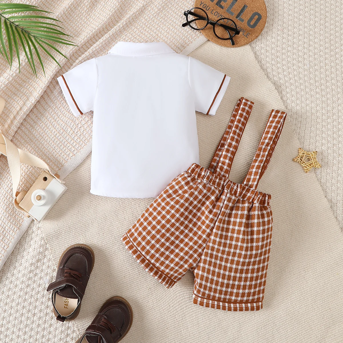 2PCS Fashion Summer Preschool Boys' Set White Short sleeved Shirt+Checkered Strap Shorts+Bow Bow Children's Formal Set 0-3Y