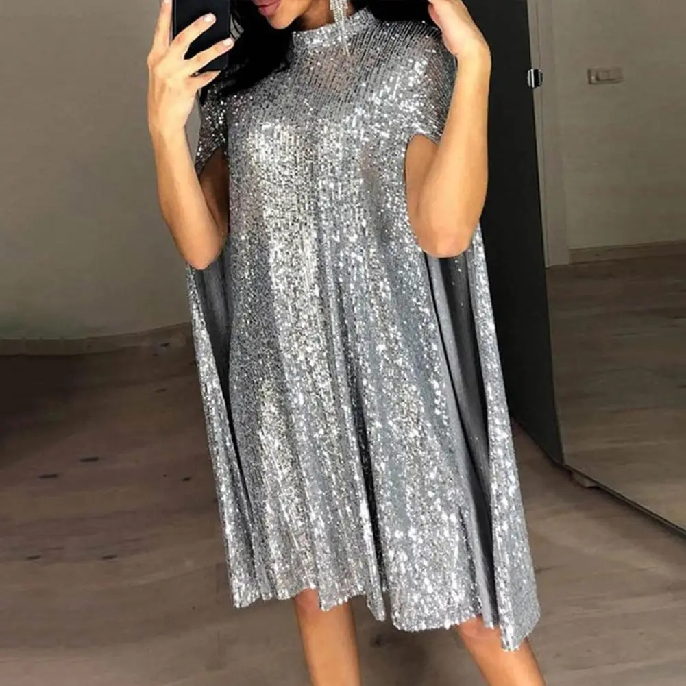 

Loose Fit Dress Elegant Sequin Cocktail Party Dress With Stand Collar Slit Design Women's Shimmering Formal For Celebrity