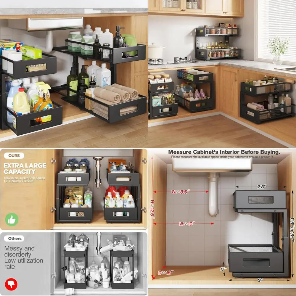

2-Tier 17IN Deep Sink Organizer with Pull-Out Metal Mesh Drawers for Kitchen and Bathroom Storage - Adjustable Height, Black