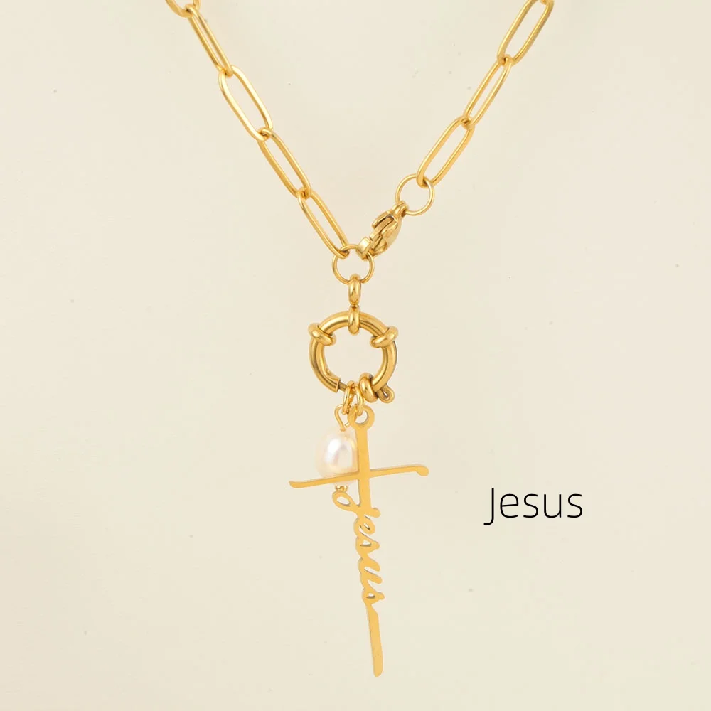 Golden Choker Women Pendant Necklace Spring Buckle Chain Freshwater Pearl Cross Pendants Women\'s Stainless Steel Jewelry Gifts