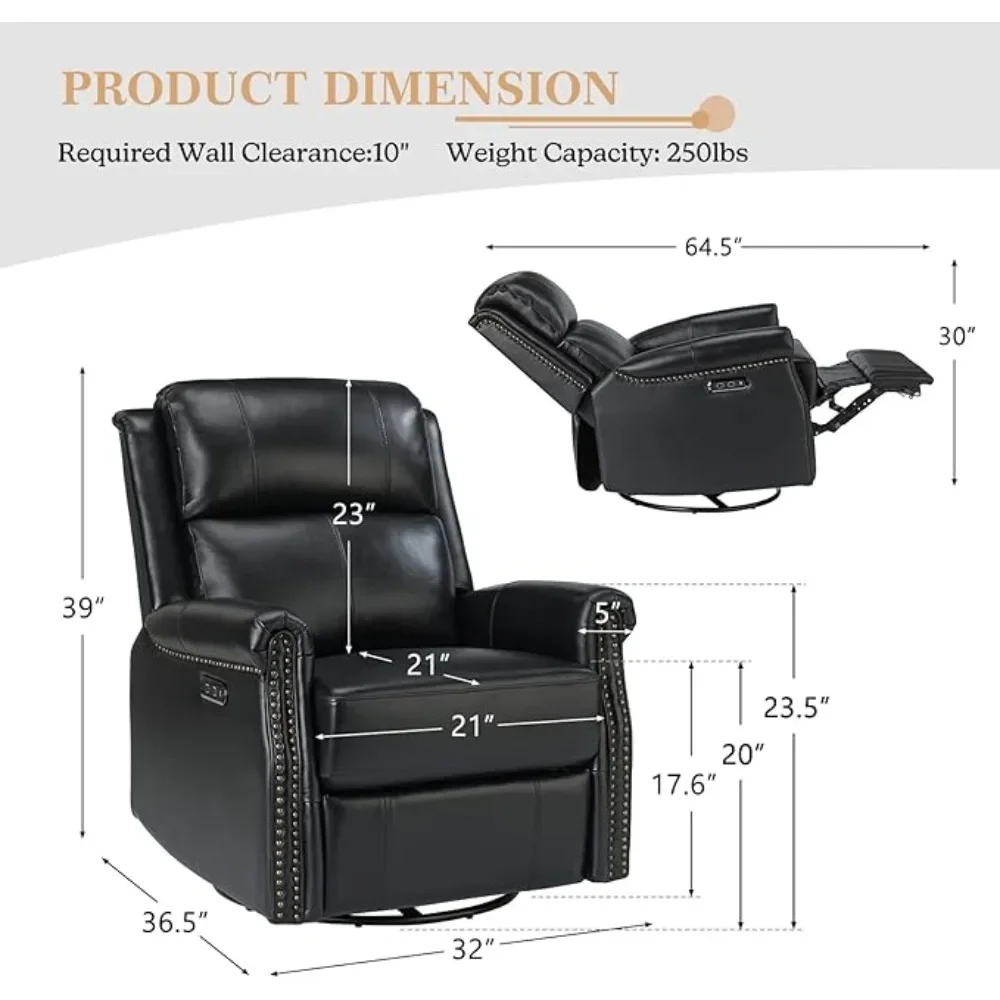 Black Genuine Leather Power Recliner Chair with USB Port,Swivel Glider Recliner with Nailhead Trim,Metal Base,Living Room Chairs