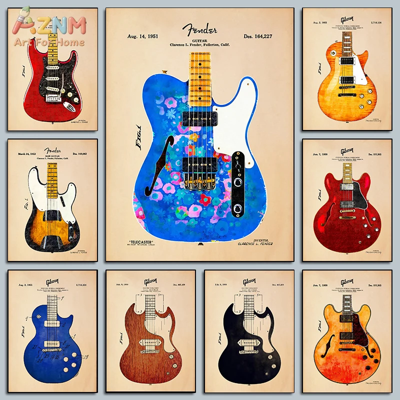 AZNM Cuadro de Lona Vintage sin Marco con Patente de Guitarra Eléctrica Fender Gibson, Impresión Musical Retro Telecaster Stratocaster para Estudio