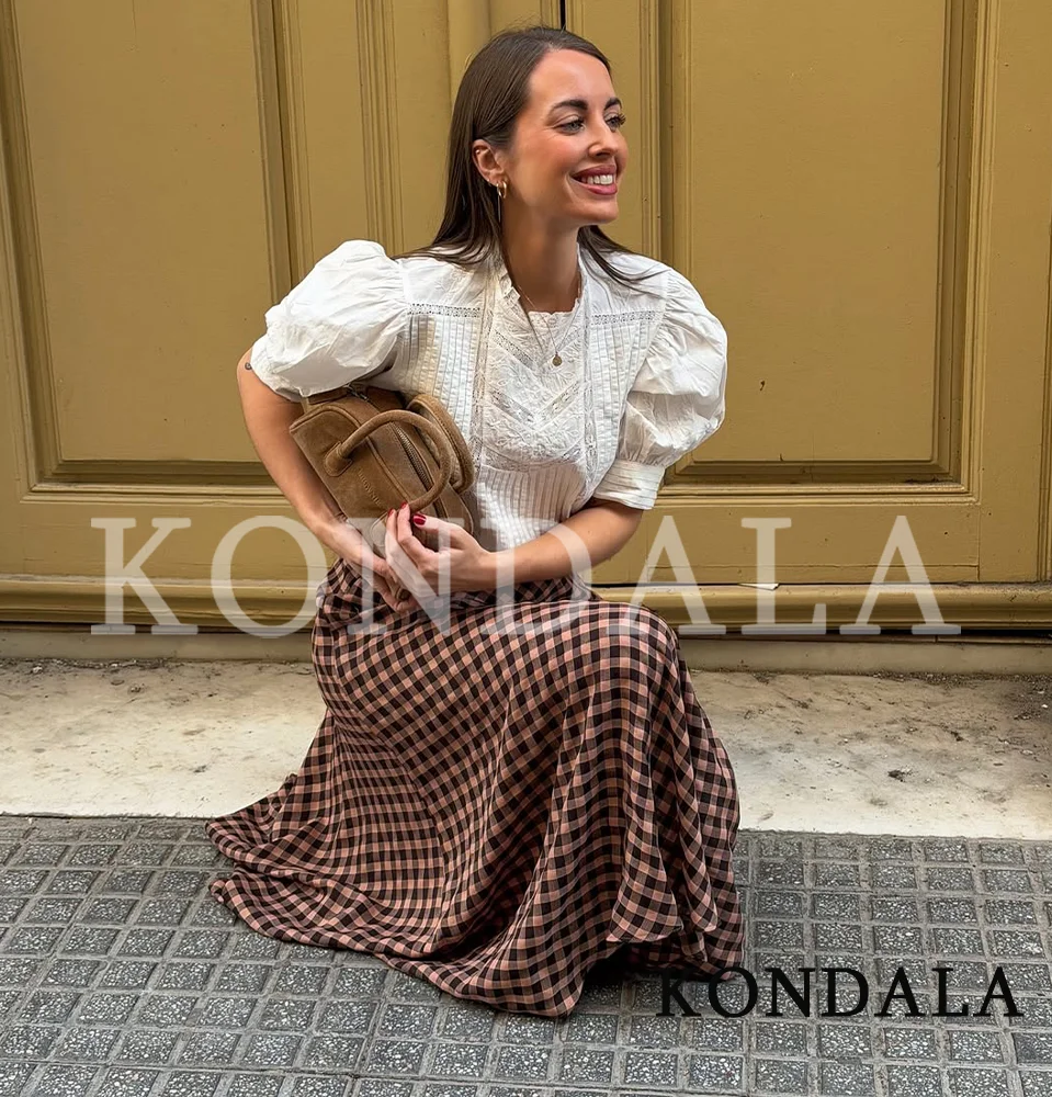 KONDALA Elegant Vintage Plaid Midi Skirt Women's Cute Casual A-Line Midi Skirt New 2026 Spring Summer Fashion Holiday Lady Skirt