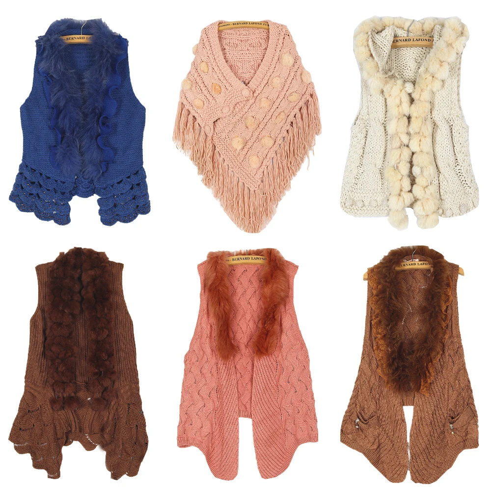 

Vintage Knitted Rabbit Fur Collar Sweater Vest n Y2K Streetwear Warm Thiened Winter Faion for 8-24 Years Old Women