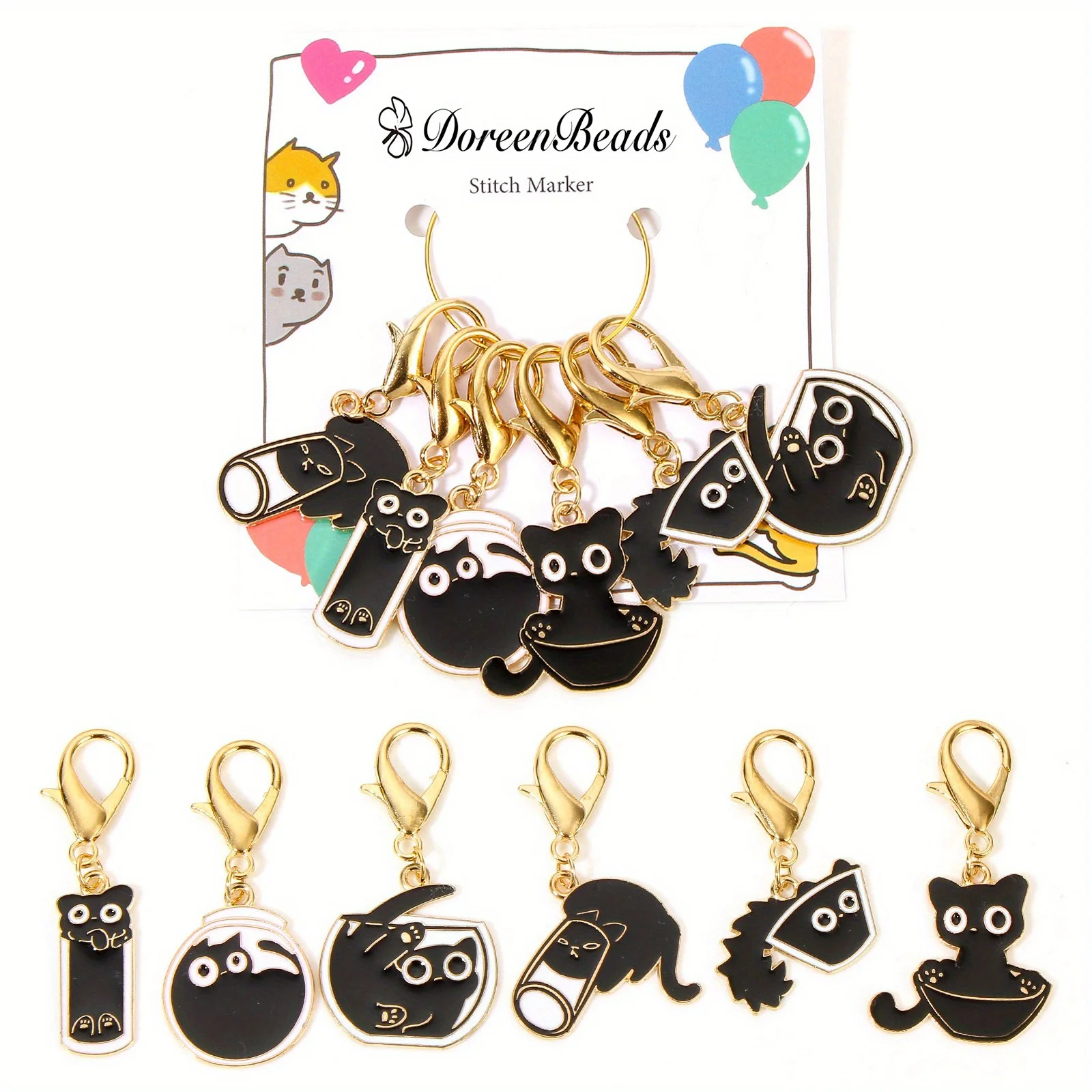 6Pcs/Set Zinc Based Alloy & Iron Based Alloy Knitting Stitch Markers Black Cat Animal Crochet Latch For DIY Craft Tool