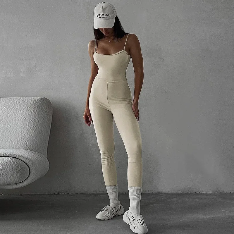 

Solid Color Simple Basic Sports Yoga U-shaped Sling Sleeveless Tight Foot Jumpsuit Women's Club Clothing Vestidos