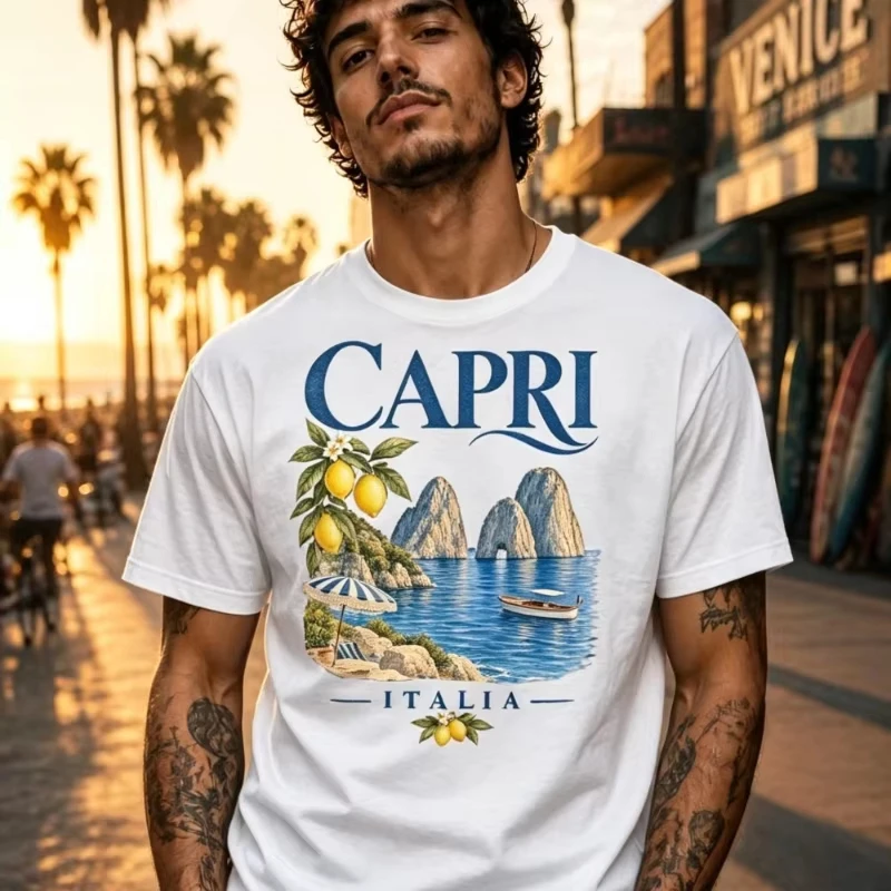 Unisex Capri Italia Sea View Graphic T Shirt Vintage Mediterranean Island Lemon Scenery Print Casual Short Sleeve Crew Neck Tee