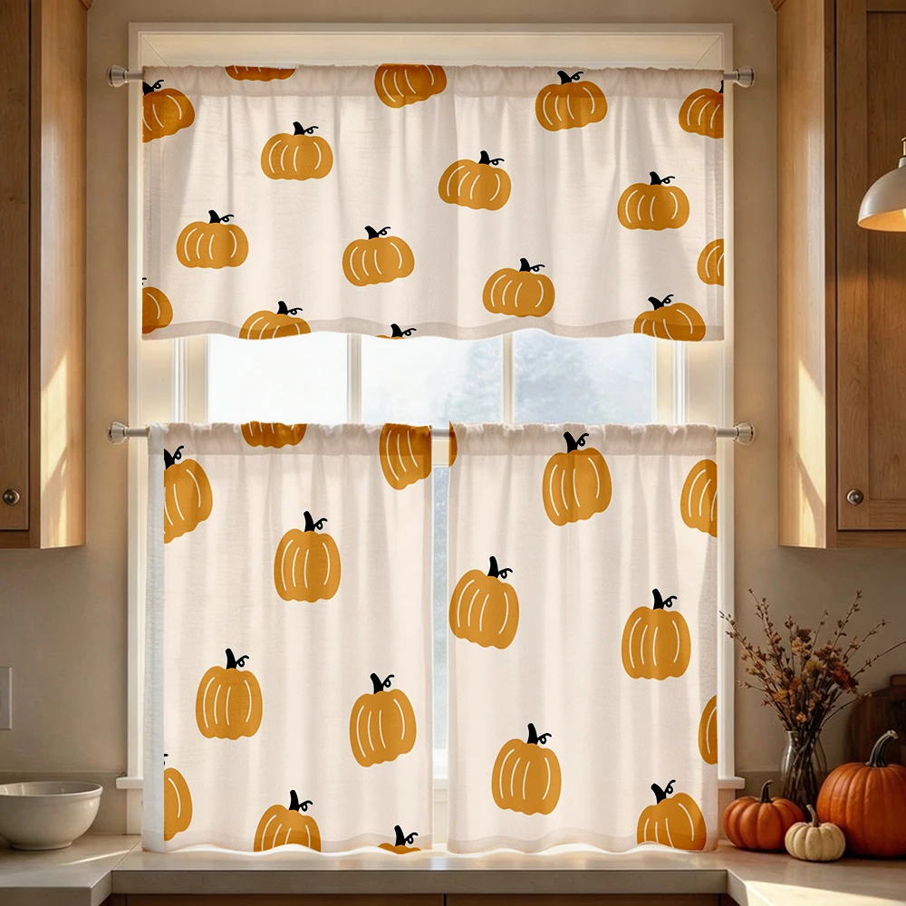 Thanksgiving Fall Kitchen Curtains, Mini Yellow Pumpkin, Digital Print, Kitchen Dining Room, Rod Pocket Polyester, Home Decor