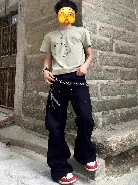 

Мужские джинсы American Sle Slim Fit с принтом в стиле пэчворк, свободные прямые брюки в винтажном стиле, повседневные джинсы из хлопкового денима