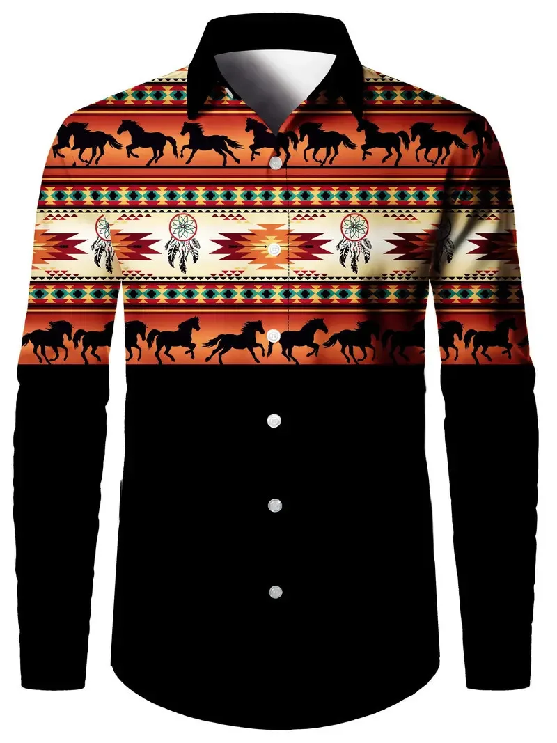 

2025 New Fashion Ethnic Style 3D Printing Men's Long Sleeve Shirt Retro Graphic Tops Autumn Casual Loose Breathable Lapel Shirts