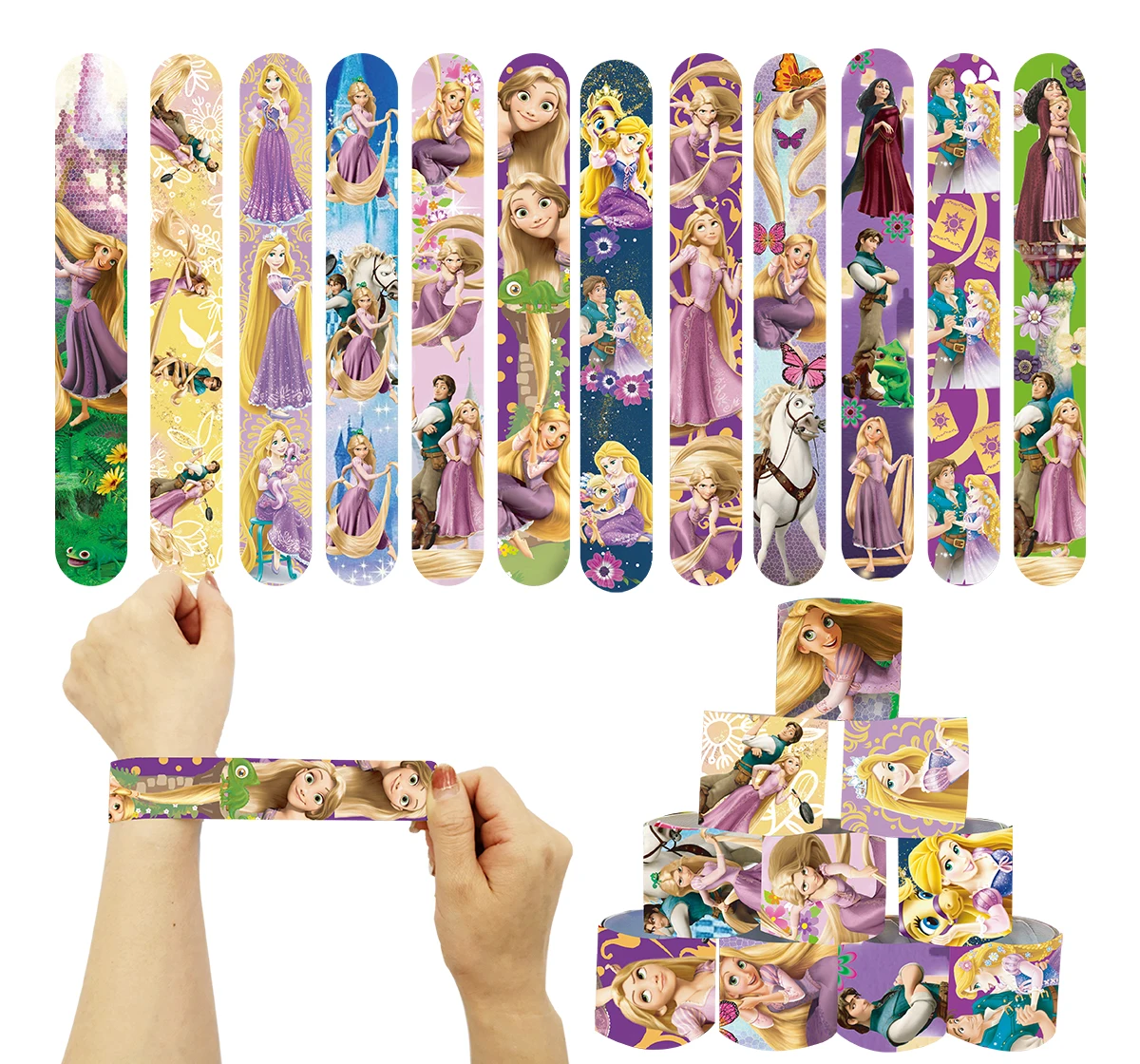 12pcs Disney Rapunzel Princess Slap Bracelets for Girls Bulk Wristbands Birthday Party Decoration Kids Baby Shower Party Gifts