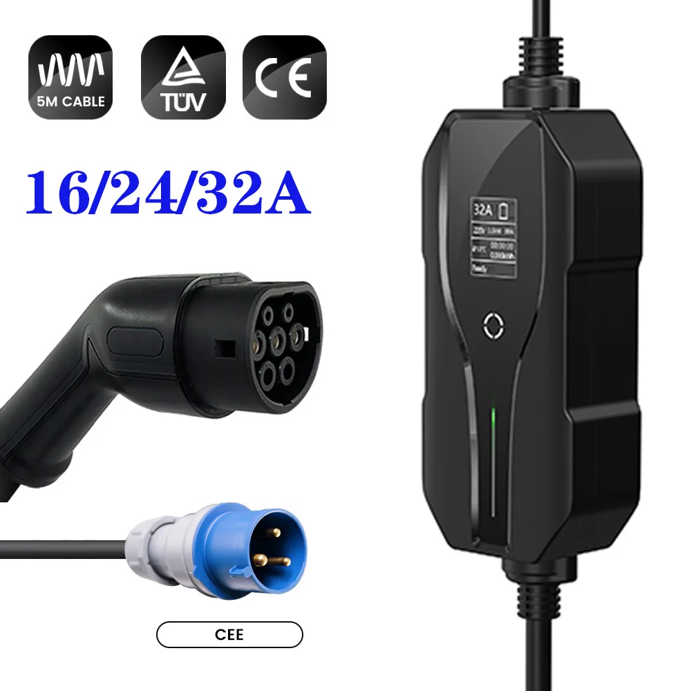 32A Adjustable Home Electric Vehicle Car Charger IEC 62196 Type2 5metres EV Charging Cable With CEE Plug