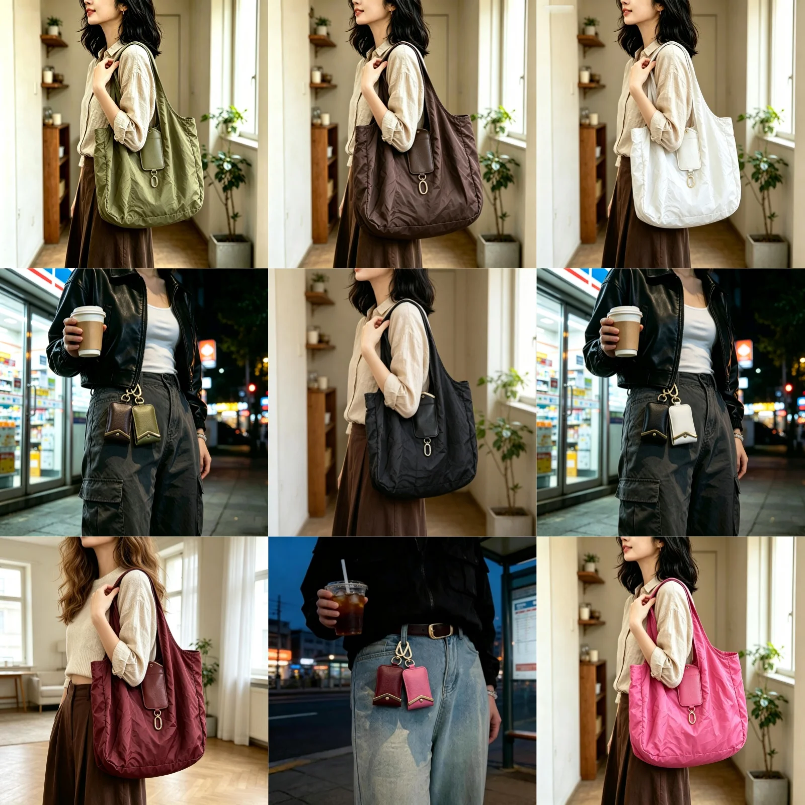 Foldable Nylon Tote Bag Large Capacity Portable Shopping Bag w/ Leather Pouch Light Shoulder Bag for Daily Commute Multi-color