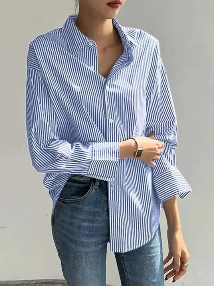 

Летняя женская повседневная полосатая рубашка со свободным воротником, новая корейская офисная элегантная женская модная рубашка большого размера с длинными рукавами, топ