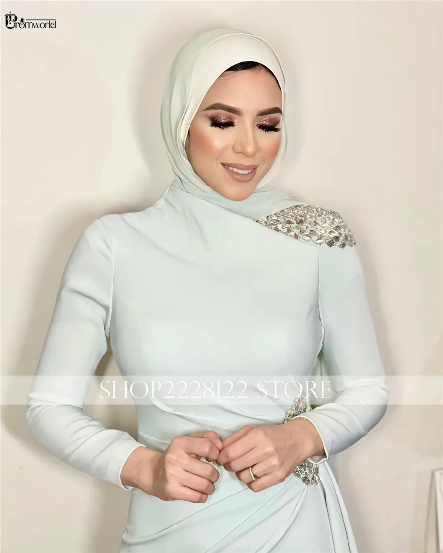 Blue Modest Formal Evening Dress Mermaid Crystal Chiffon Long Sleeve Evening Gown robe soirée luxe dubai