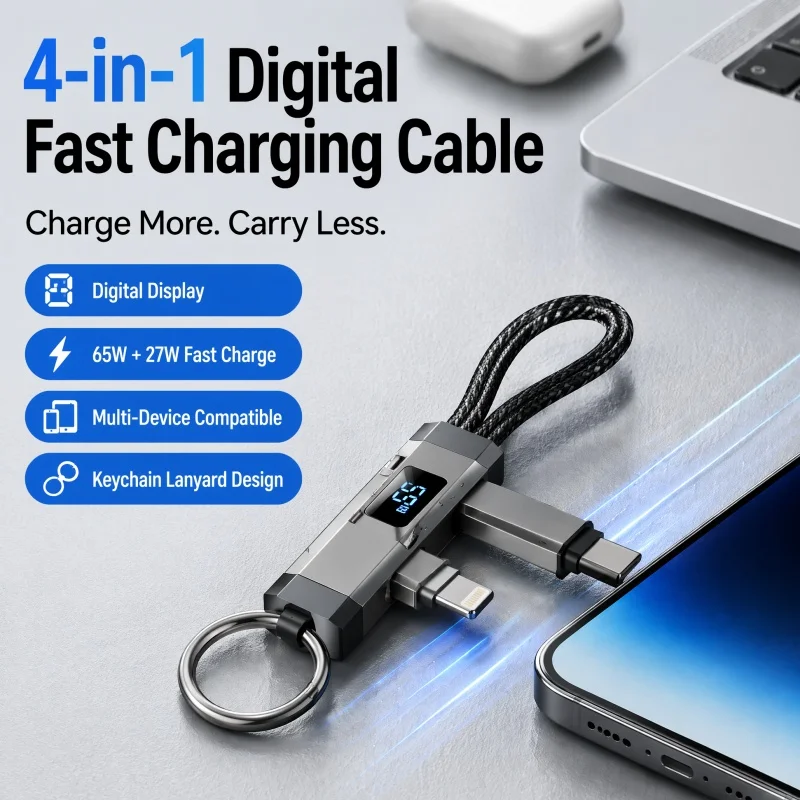 4 in 1 Digital Display Fast Charge Cable Keychain Crossbody Lanyard Flash Charger Cord for iPhone Huawei Android