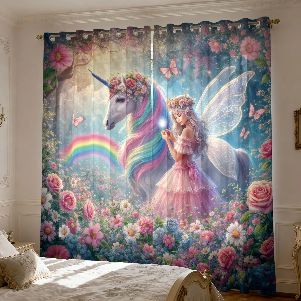 2pcs Dreamy Holy Unicorn Print Curtains Multi Size Living Room Bedroom Home Light Blocking Fashion Decoration Easy Installation